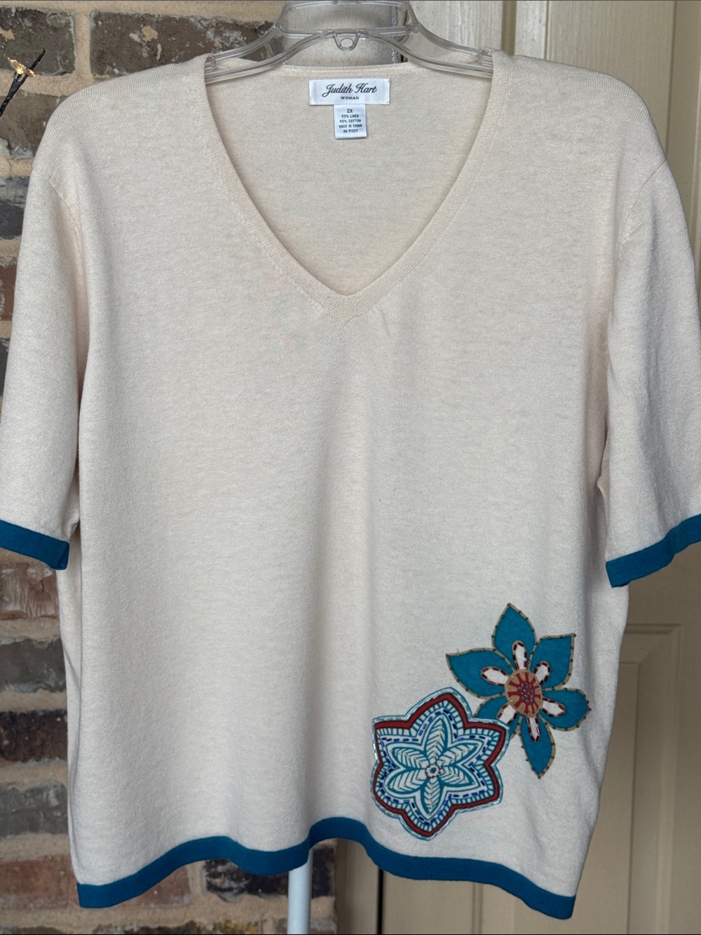 Judith Hart Linen & Cotton Beaded Top Cream Teal Trim Coastal Grandma Plus Size